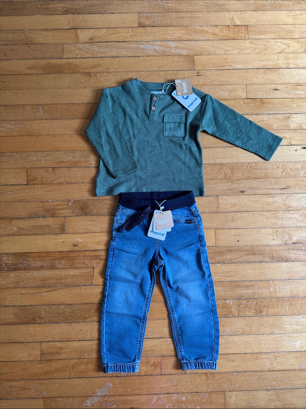 Mayoral Olive Green Long Sleeve Top with Blue Denim Joggers